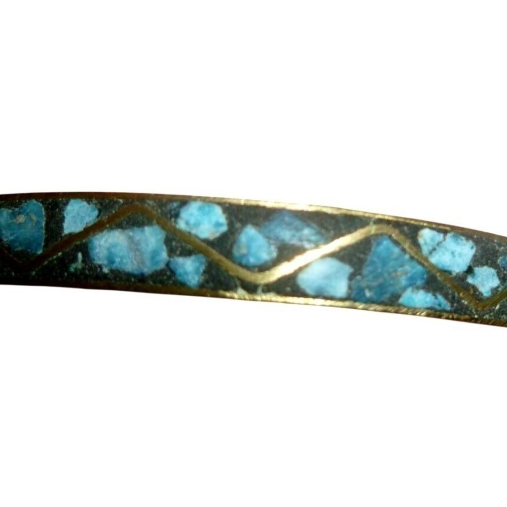 Vintage India Brass Turquoise Chip Inlay Zig Zag Bangle Bracelet Boho Ethnic